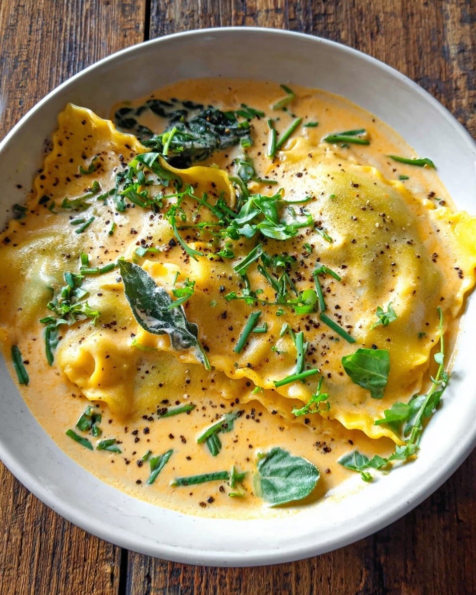 A white bowl filled with two large pieces of folded yellow lasagna pasta with wavy edges, covered in a creamy light orange sauce with a smooth texture. The dish is topped with small green chopped herbs and a few whole spinach leaves, sprinkled with black pepper. The bowl rests on a rustic-looking wooden surface. photo taken with an iphone --ar 4:5 --v 7