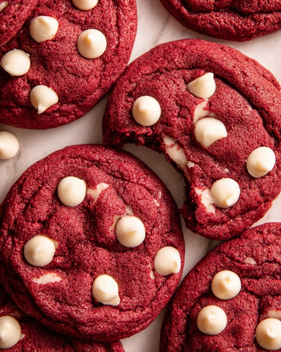 The image shows several bright red cookies with white chips on top, laid out on a white marbled surface. Each cookie has a soft texture with slight cracks and is topped with multiple smooth white chips spread evenly across its surface. One cookie in the center has a bite taken out, revealing a soft and moist inside that contrasts the rich red outside. The cookies are close together, overlapping slightly, creating a cozy, inviting look. photo taken with an iphone --ar 4:5 --v 7