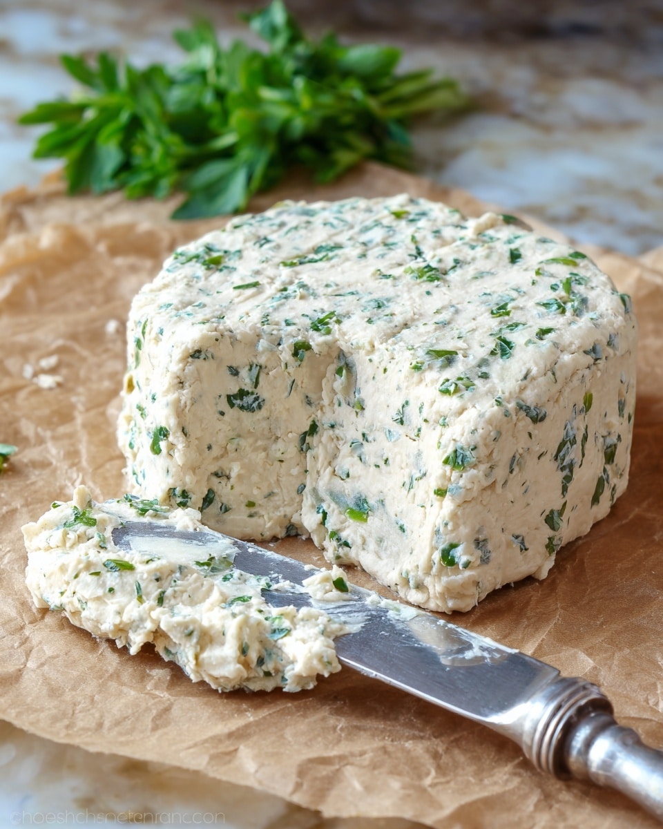 A round, thick cheese block sits on brown parchment paper with a rough, crumbly texture and visible green herb pieces mixed throughout. One side of the cheese is scooped out, showing its soft and creamy inside with uneven edges. The cheese is off-white with green flecks evenly spread throughout. In front of it, a silver knife with some of the cheese spread on its blade lies on the parchment. In the background, a small bunch of fresh green herbs sits slightly out of focus on a white marbled texture. Photo taken with an iphone --ar 4:5 --v 7