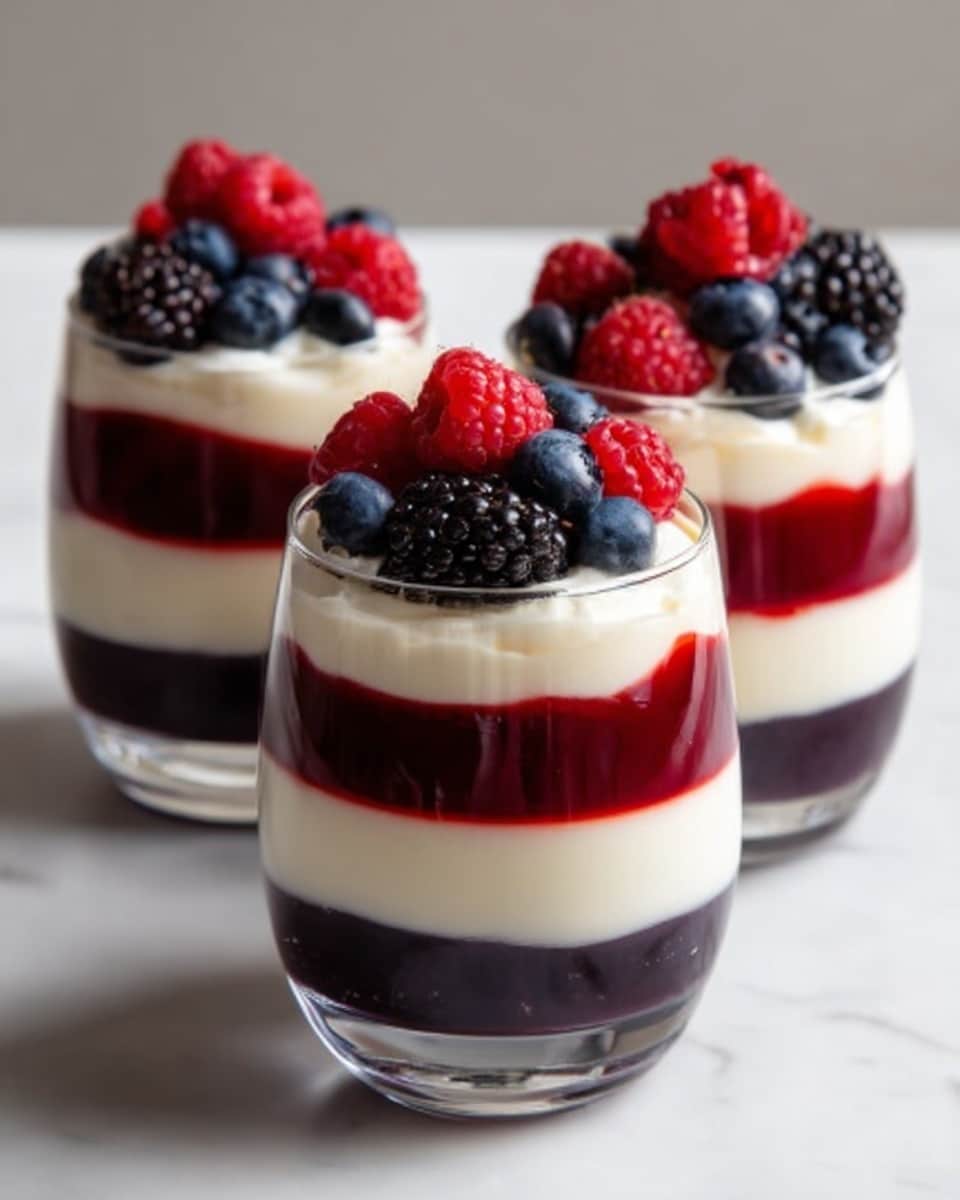Three clear glasses each show a layered dessert with six visible layers. At the bottom is a dark red jelly layer with a smooth, shiny surface. Above that is a thick white creamy layer that looks soft and fluffy. The third layer is a deep purple jelly that is clear and glossy. Then there is another white creamy layer, slightly thicker than the first. The fifth layer is another dark purple jelly, a bit darker than the one below. The top layer is white cream, swirled smoothly on top. Each glass is crowned with fresh mixed berries including red raspberries, blackberries, and blueberries, arranged to look full and fresh. The glasses are placed on a white marbled surface. Photo taken with an iphone --ar 4:5 --v 7