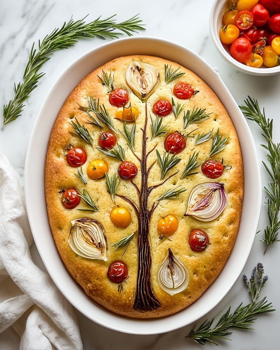 This image shows an oval focaccia bread placed inside a white oval baking dish on a white marbled surface. The bread is decorated to look like a tree with a trunk made of dark brown lines creating a wood texture in the center-bottom. The branches are represented by fresh green rosemary sprigs spread upward and outward, creating a layered, textured look. Scattered between the branches are red and yellow round cherry tomatoes, giving red and orange pops of color. There are also roasted onion segments placed evenly among the tomatoes, adding white and slightly charred textures. A half head of roasted garlic with its cloves exposed sits at the bottom left corner of the bread. Around the bread in the background, additional rosemary sprigs and a white bowl with more tomatoes and onion slices are visible. photo taken with an iphone --ar 4:5 --v 7