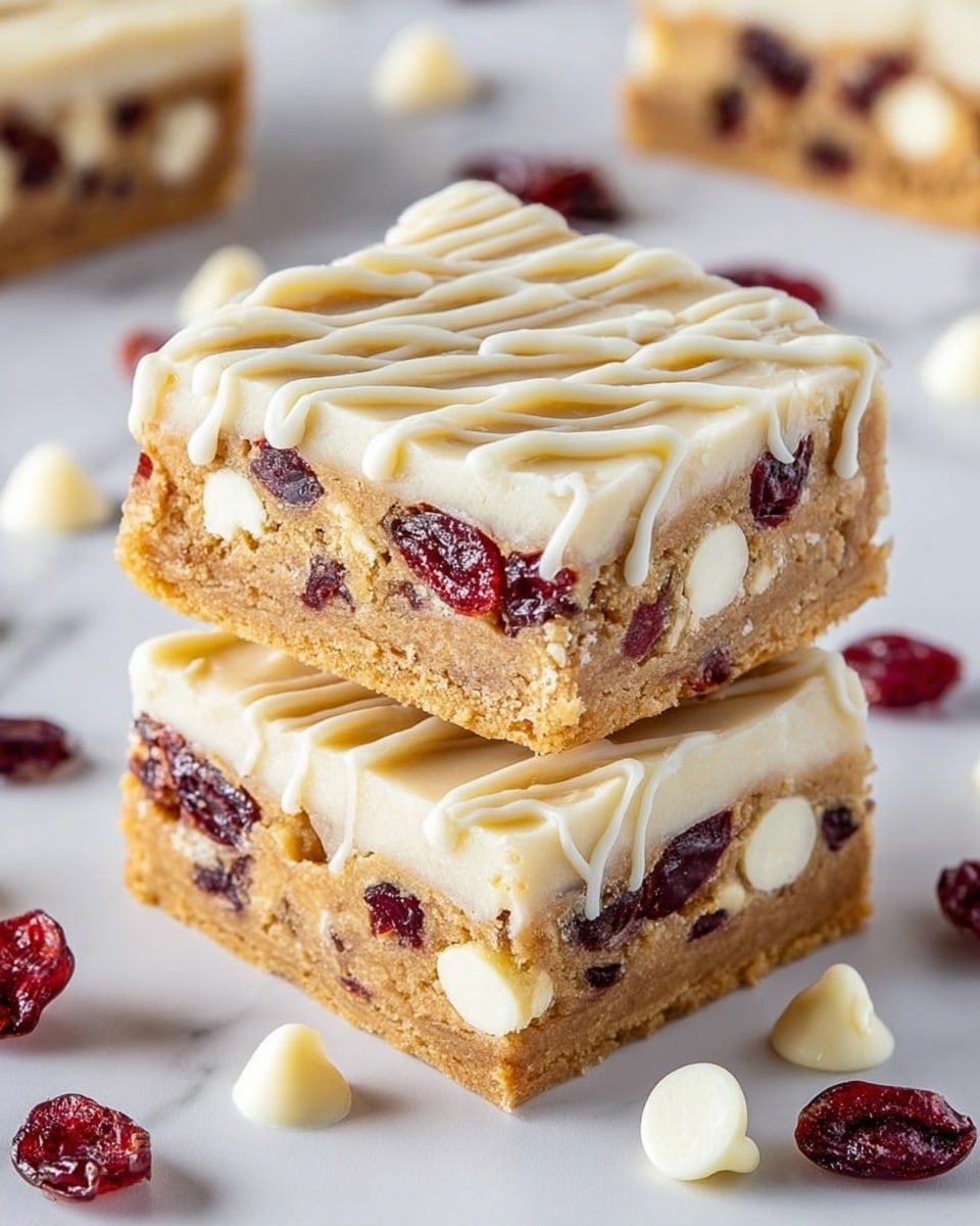 Two square dessert bars stacked on a white marbled surface, each with three layers: the bottom layer is a light brown cookie dough with visible white chocolate chips and dark red dried cranberries embedded, the middle layer is a smooth white cream, and the top layer is a thin layer of the same light brown dough with white chocolate drizzle lines and scattered dried cranberries on top. Around the bars are scattered white chocolate chips and dried cranberries, all on a white marbled background. photo taken with an iphone --ar 4:5 --v 7