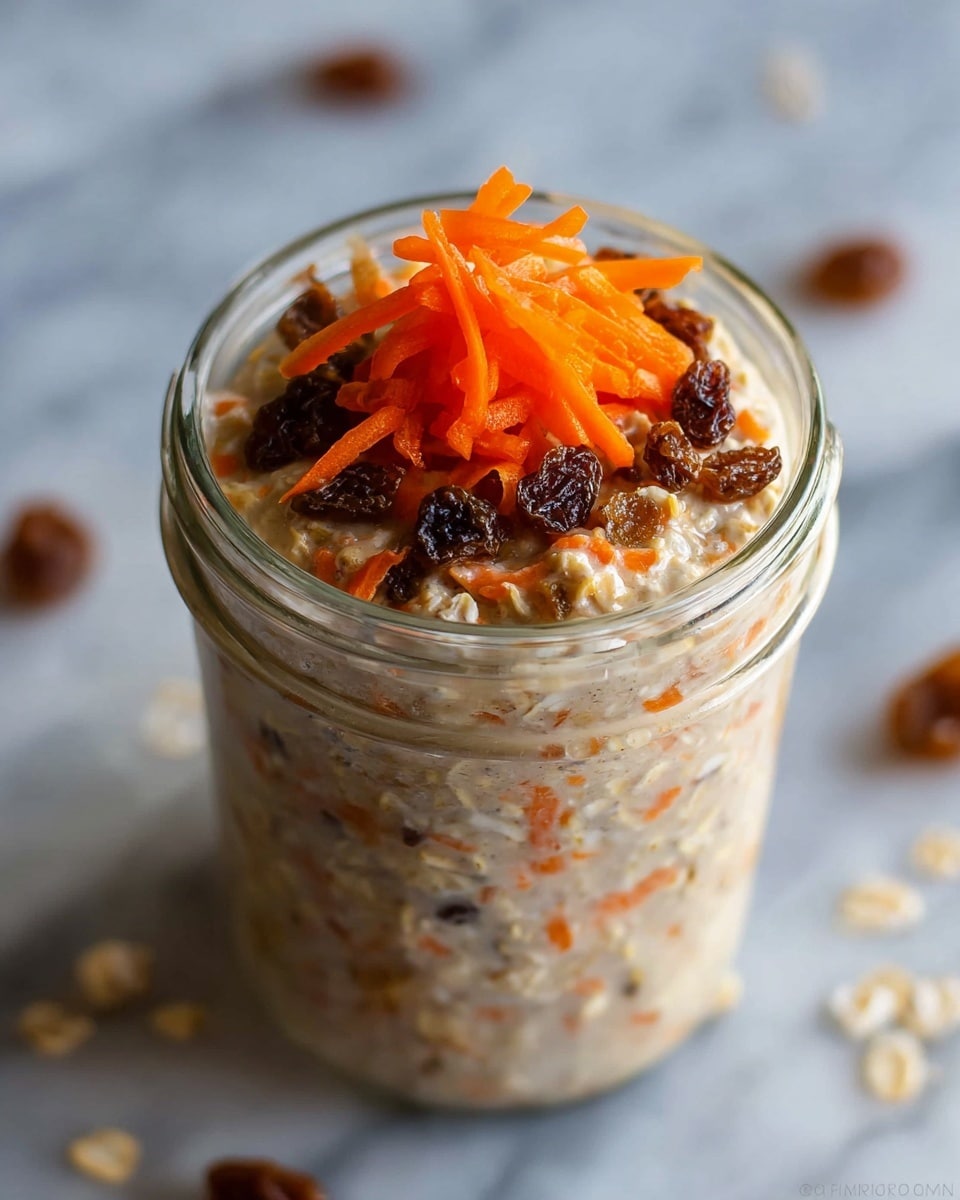 A clear glass jar filled with a creamy mixture of oats and shredded orange carrot, visible throughout the light beige base. On top, there is a layer of dark brown raisins scattered generously, with a small pile of finely shredded bright orange carrot placed in the center. The jar sits on a white marbled surface with a few raisins and scattered oats around it, adding to the rustic feel. photo taken with an iphone --ar 4:5 --v 7