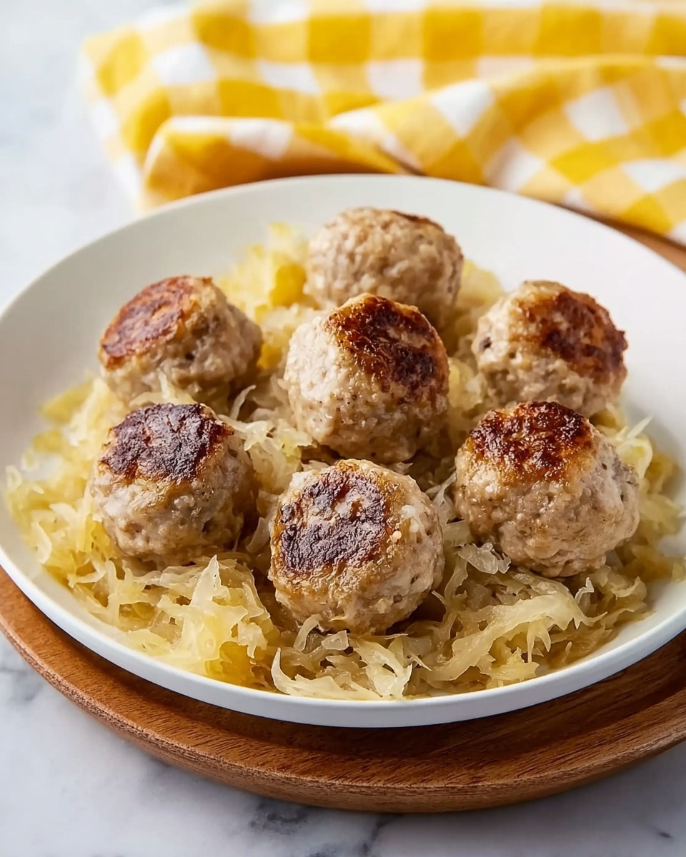 A white plate holds a round layer of light yellow shredded sauerkraut spread evenly as the base. On top, there are seven brown, browned meatballs arranged in a circular pattern with one meatball in the center. The meatballs have a slightly crispy, textured surface with some darker browned spots. The plate is set on a yellow and white checkered cloth, and the background is a white marbled surface. photo taken with an iphone --ar 4:5 --v 7