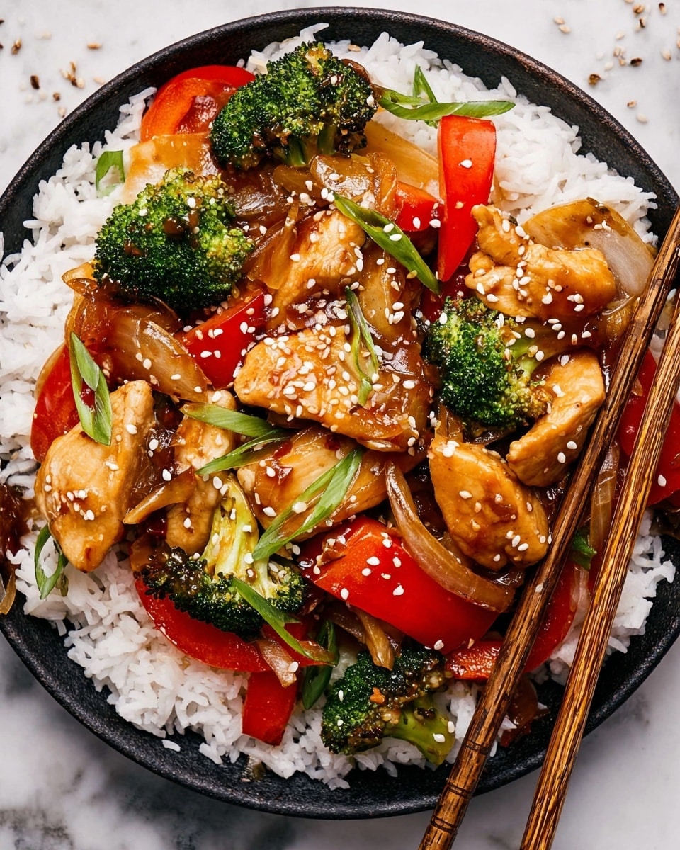 The dish is served on a white plate with steamed white rice as the bottom layer, filling most of the plate. On top of the rice, there are slices of cooked chicken coated in a glossy brown sauce scattered evenly. Mixed within the chicken are bright green broccoli florets, red bell pepper strips, cooked translucent onion slices, and small, round cherry tomatoes, all coated lightly in the same sauce. Sprinkled on top are white sesame seeds and thinly sliced green onions, adding texture and color contrast. A pair of dark wooden chopsticks rest on the right edge of the plate. The whole composition sits on a white marbled surface. photo taken with an iphone --ar 4:5 --v 7