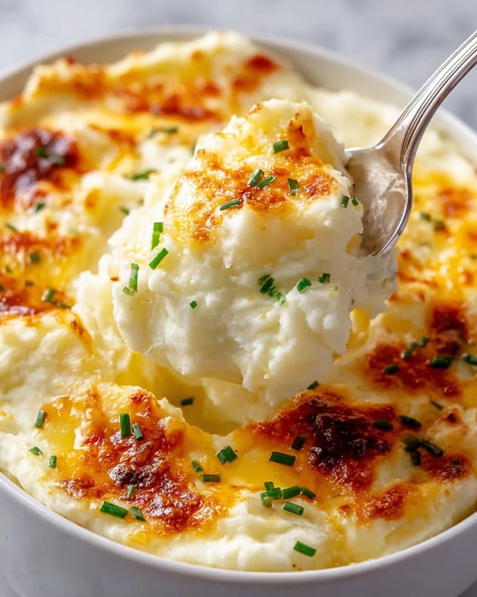 A close-up of a white bowl filled with creamy mashed potatoes topped with a golden brown, slightly crispy layer of melted cheese and sprinkled green herb pieces. A silver spoon holds a scoop of the mashed potatoes with the same textures and toppings visible, slightly raised from the bowl. The dish sits on a white marbled surface. photo taken with an iphone --ar 4:5 --v 7