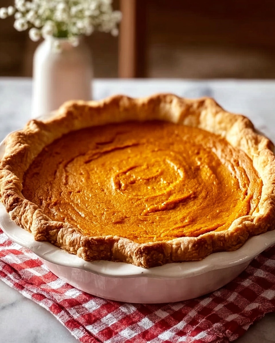 A round pie with a golden-brown crust that is thick and slightly crinkled at the edge, holding a smooth, vibrant orange filling that looks creamy and evenly spread inside a white pie dish. The pie dish sits on a red and white checkered cloth, and in the background, there is a blurred white vase with small white flowers on a wooden surface. The scene has a warm, cozy feeling. Photo taken with an iphone --ar 4:5 --v 7