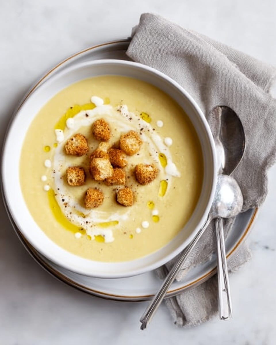 The image shows a white bowl filled with light beige soup, topped with a swirl of white cream, a drizzle of olive oil, and a small pile of golden-brown toasted croutons in the center. The bowl sits on a slightly larger white plate with a thin brown rim, placed on a white marbled surface. To the right of the plate, a folded gray cloth napkin holds a shiny silver spoon. The overall scene is bright and clean. Photo taken with an iphone --ar 4:5 --v 7
