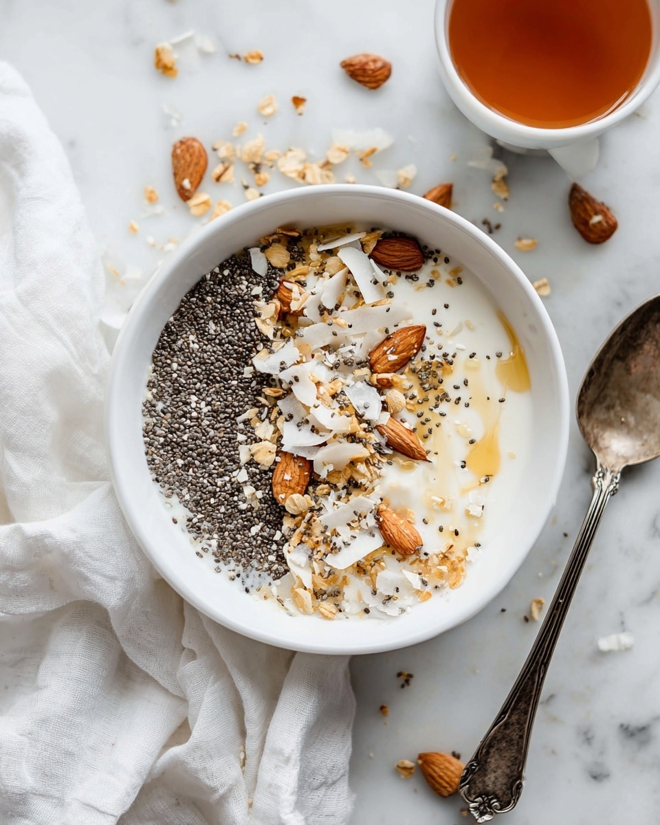A white bowl filled with creamy white yogurt as the base layer is topped with scattered black chia seeds mainly on one side, golden brown sliced almonds, large white coconut flakes, and some crushed oats sprinkled evenly across the surface. There are light golden honey drizzles over the toppings. The bowl sits on a white marbled surface with some loose nuts and chia seeds around it. To the left, there is a white cup filled with amber-colored tea, and a soft white cloth nearby. On the right side, part of a dark spoon is visible. photo taken with an iphone --ar 4:5 --v 7