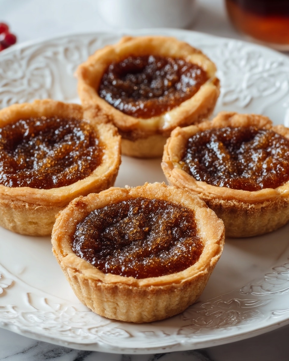 Four small tarts sit closely together on a white plate with a delicate embossed pattern. Each tart has a golden-brown crust forming the base and sides, with a slightly crumbly texture around the edges. Inside, a thick, glossy dark amber filling with a sticky and coarse surface fills the center of each tart, appearing rich and gooey. The tarts are arranged on a white marbled surface, enhancing their warm, inviting colors. Photo taken with an iphone --ar 4:5 --v 7