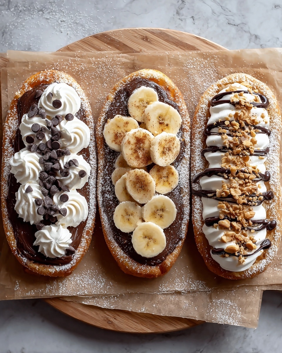 Three oval-shaped fried dough pieces with a golden-brown crunchy crust lightly dusted with powdered sugar are placed side by side on a wooden board with parchment paper. Each dough has a base layer of dark chocolate spread. On the left dough, thick white whipped cream is piped in a zigzag pattern, topped with dark chocolate chips. The middle dough is topped with thick banana slices arranged in two neat rows, sprinkled with a light dusting of cinnamon or cocoa powder. The right dough has thick white whipped cream in uneven zigzag lines, drizzled with chocolate sauce and sprinkled with chopped nuts. The scene is on a white marbled surface. photo taken with an iphone --ar 4:5 --v 7