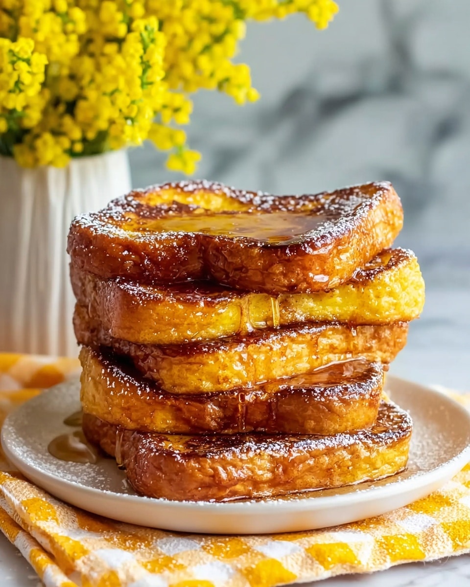 A stack of four thick French toast slices with a golden brown, slightly crispy surface on each slice is resting on a white plate, with syrup glistening and dripping down the sides, and a light dusting of powdered sugar scattered on top. Behind the plate, there is a vase with small yellow flowers, all set against a white marbled texture background. Photo taken with an iphone --ar 4:5 --v 7