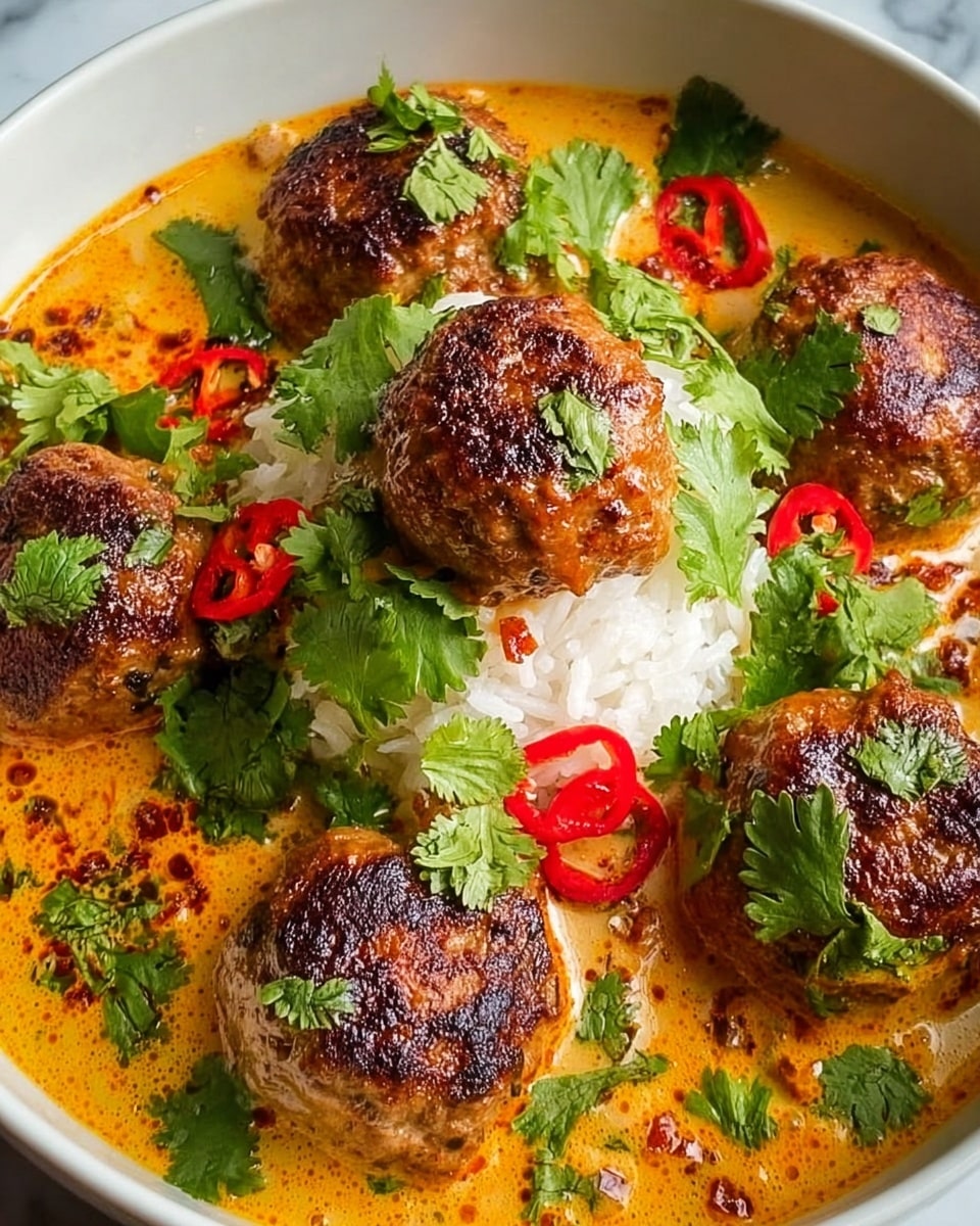 The image shows a white bowl filled with a creamy orange curry sauce. On top of the sauce, there are six browned meatballs evenly spaced around the bowl, each topped with small slices of red chili and green herbs. In the center of the bowl, there is a mound of white rice, garnished with fresh cilantro leaves and some more red chili pieces scattered around. The curry sauce has a smooth texture with visible oil specks and green herb bits floating in it. The whole dish sits on a white marbled surface. Photo taken with an iphone --ar 4:5 --v 7