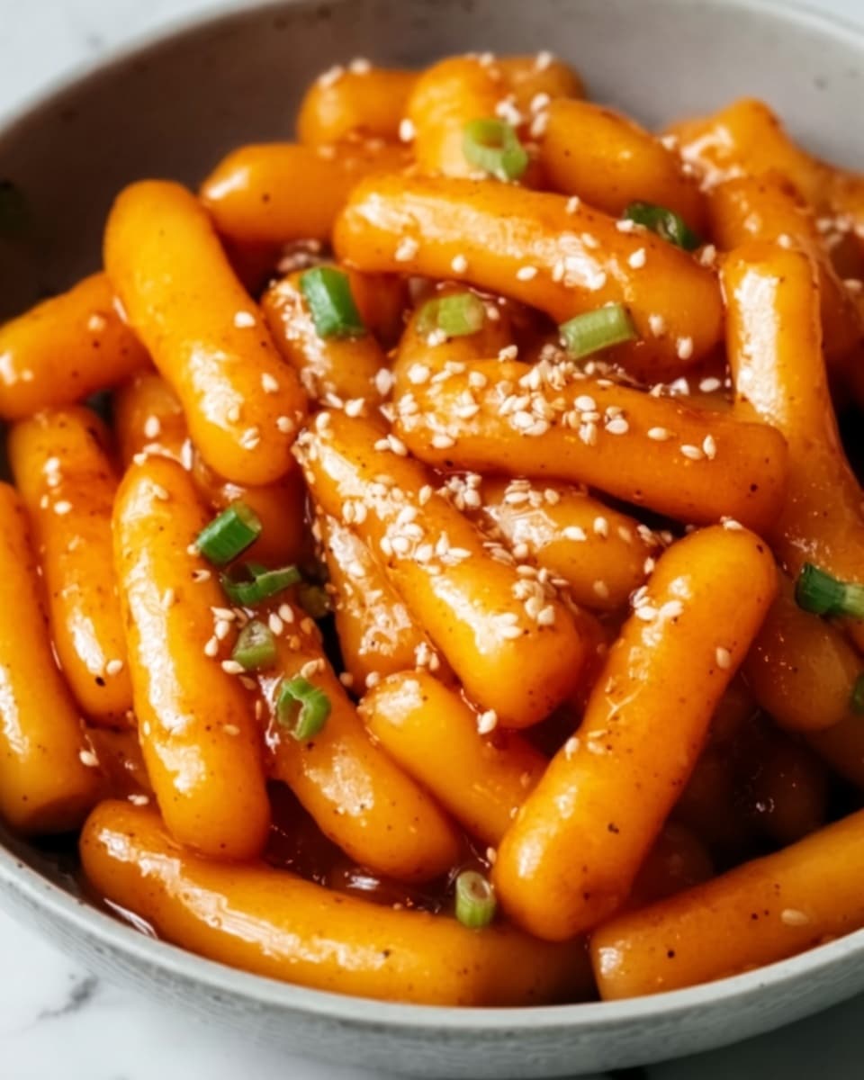 A close-up image of a bowl filled with glossy, golden-brown rice cakes coated in a thick sauce, topped with a sprinkling of black and white sesame seeds and small green herbs. The rice cakes are piled in a rounded white bowl, showing their smooth and slightly shiny texture. The background features a white marbled surface. photo taken with an iphone --ar 4:5 --v 7