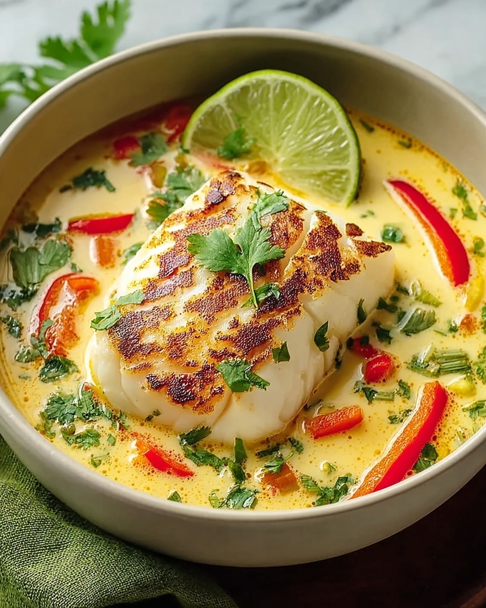 A deep white bowl filled with a creamy light yellow broth that has small bits of green herbs and red chili slices scattered throughout. Resting on top is a thick, golden-brown grilled fish fillet showing a slightly crispy texture with a soft white inside. Garnishing the dish are fresh green cilantro leaves and a bright green lime wedge placed on one side. The bowl sits on a soft green cloth over a white marbled surface. photo taken with an iphone --ar 4:5 --v 7