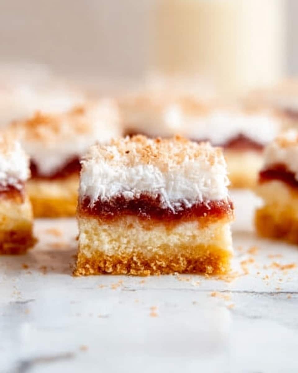The image shows four square dessert bars arranged on a white marbled surface. Each bar has three clear layers: the bottom layer is a crunchy, light brown crust; the middle layer is a thick, sticky golden caramel; the top layer is a fluffy, white coconut topping that looks soft and textured. The bars are cut neatly and spaced apart, with a soft focus on the background, giving a cozy and inviting feel. photo taken with an iphone --ar 4:5 --v 7