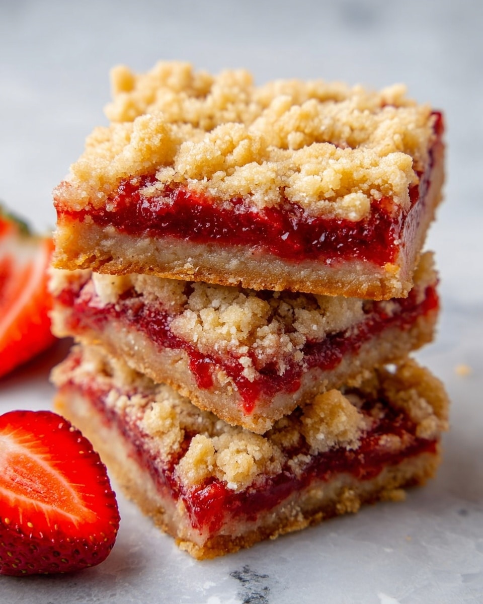 A stack of three square strawberry crumb bars is shown on a white marbled surface. Each bar has three visible layers: the bottom layer is a light brown crumbly crust, the middle layer is a thick, rich red strawberry filling with some chunks of fruit, and the top layer is a golden crumbly streusel with a rough texture that looks crunchy. Pieces of fresh strawberries are partly visible near the bars, adding red color to the scene. photo taken with an iphone --ar 4:5 --v 7