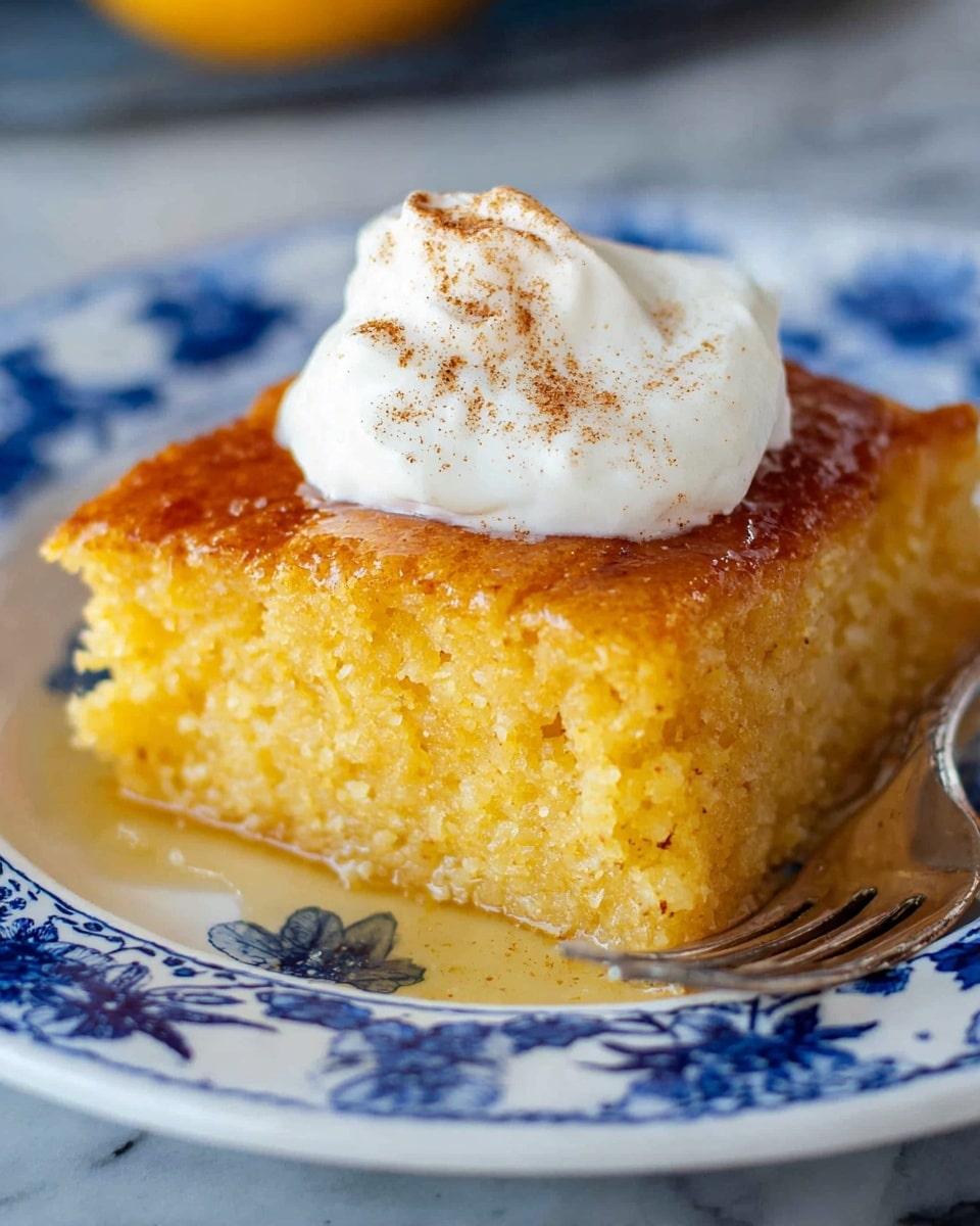 A close-up of a single thick slice of golden brown cake with a moist and textured interior, sitting on a white plate with a blue floral pattern. The top layer has a shiny glaze, giving it a sticky look, and a dollop of white whipped cream is placed in the center of the slice, sprinkled lightly with a touch of cinnamon or spice. A silver fork rests beside the cake on the plate. The background is a soft focus with white marbled texture under the plate. photo taken with an iphone --ar 4:5 --v 7