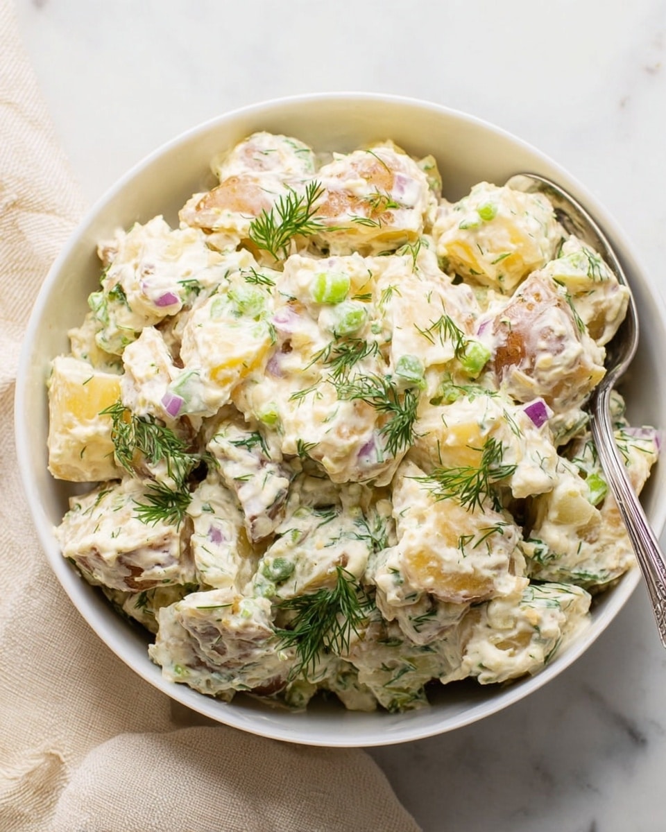 A close-up view of a white bowl filled with chunky potato salad, showing three main layers: the base layer of rough, golden potato chunks with skins on, mixed with small pieces of light green celery; the middle layer of creamy, white dressing that coats all the ingredients evenly, with specks of black pepper and mustard visible; the top layer scattered with bright green fresh dill sprigs and tiny bits of pale purple onion, adding color and texture. A silver spoon rests on the right side inside the bowl, all placed on a white marbled surface with a soft white cloth visible on the left side. Photo taken with an iphone --ar 4:5 --v 7