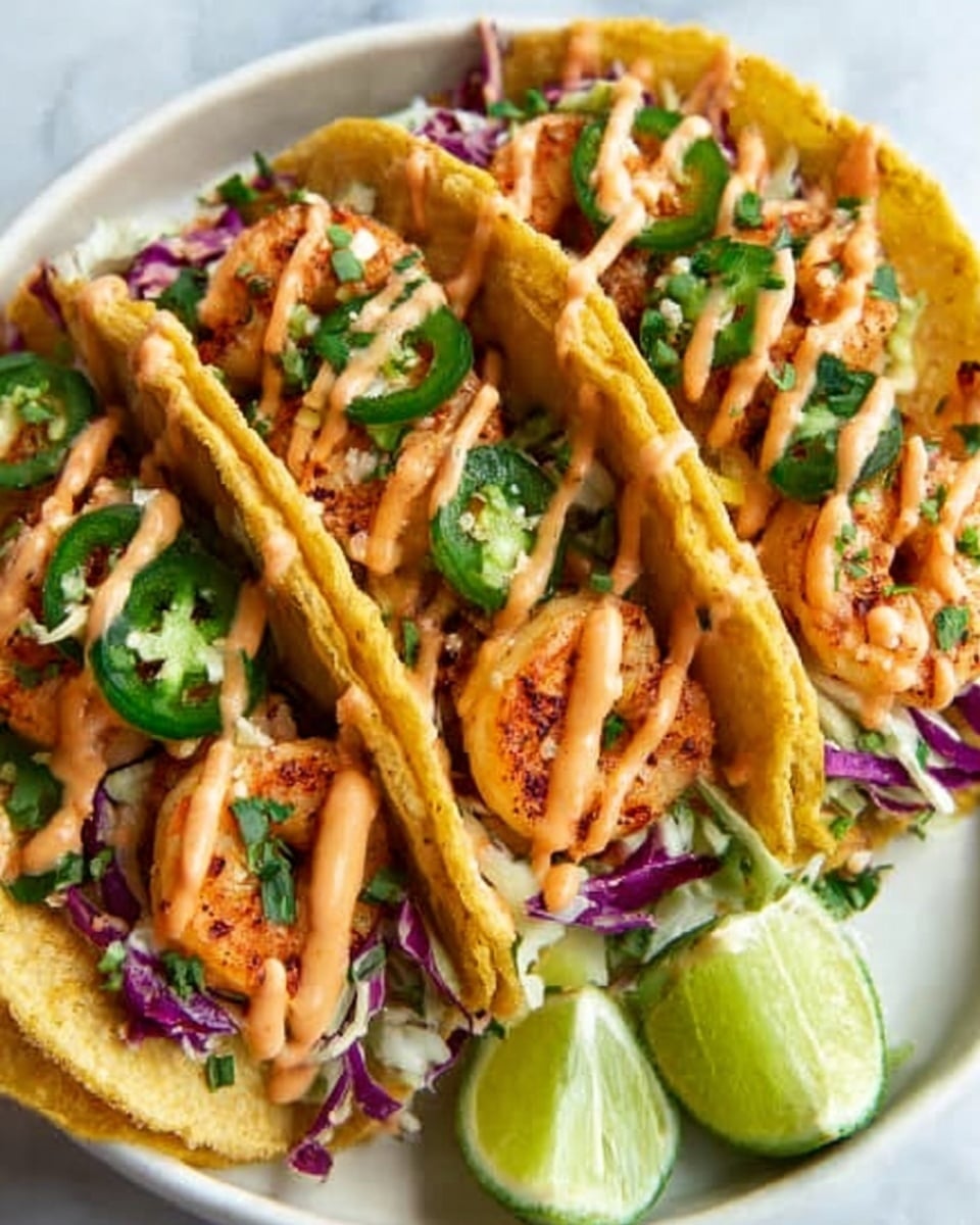 The image shows three small tacos in a row on a white plate. Each taco has a soft, yellow tortilla shell filled with grilled shrimp that are orange and slightly charred. Below the shrimp, there is a layer of purple shredded cabbage. Thin slices of green jalapeño are placed on top, with a sprinkle of chopped green herbs scattered over the tacos. A creamy orange sauce is drizzled generously over the shrimp and toppings. Lime wedges are placed on the side of the plate, adding a pop of fresh green color. The tacos sit on a white marbled surface. Photo taken with an iphone --ar 4:5 --v 7