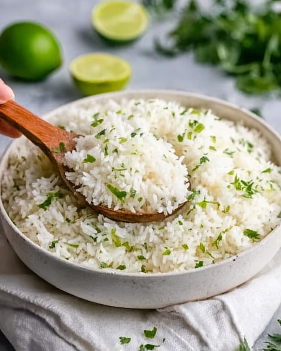 A bowl filled with fluffy white rice mixed with small green cilantro leaves and tiny lime pieces. The bowl is white with a simple dark rim. A wooden spoon is placed inside the bowl, slightly lifting some rice. The background shows a white marbled texture with some green cilantro and a sliced lime blurred out. The scene has soft natural light highlighting the freshness of the ingredients. Photo taken with an iphone --ar 4:5 --v 7