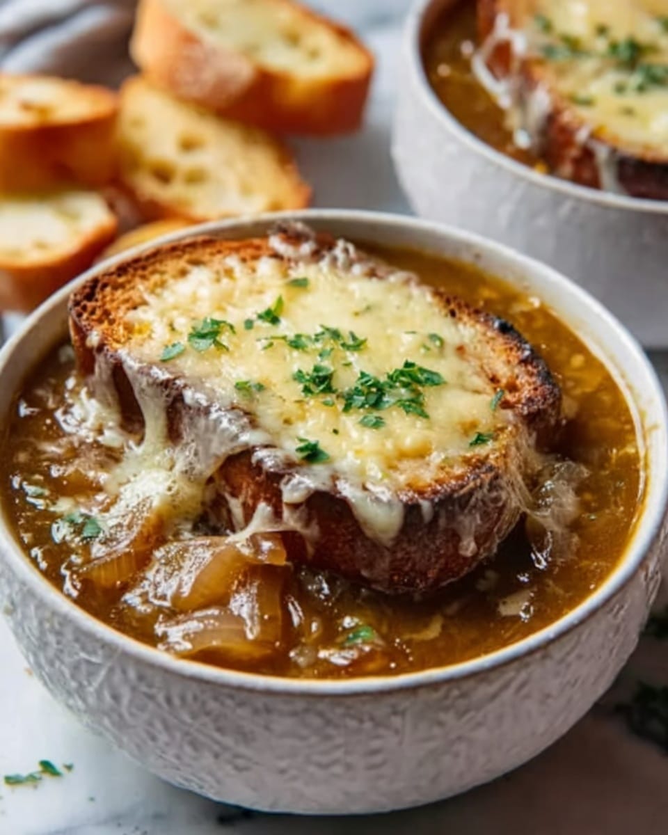 A white bowl filled with French onion soup showing three clear layers: the bottom layer is a dark brown broth with cooked onion pieces floating; the middle layer is a large piece of toasted bread soaked and slightly soft with a golden-brown edge; the top layer is thick melted cheese with a light yellow color, slightly browned on top and sprinkled with small green herbs. Part of a woman's hand holding the bowl is visible in the background on a white marbled surface. Photo taken with an iphone --ar 4:5 --v 7