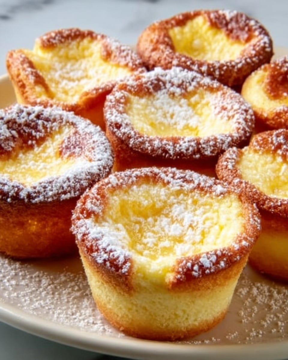 A close-up image of eight small round pastries arranged on a white marbled surface. Each pastry has a golden-brown crust that is firm and slightly puffy, with a creamy yellow filling in the center that looks smooth and soft. The tops of the pastries are lightly dusted with white powdered sugar, adding a delicate touch. The pastries are tightly packed together, showing their uniform size and shape, with some edges slightly darker from baking. photo taken with an iphone --ar 4:5 --v 7