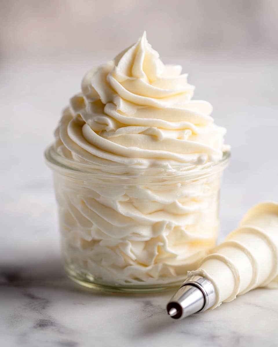 A small clear glass jar filled with creamy white frosting, layered and swirled thickly from the base to the top with visible soft ridges. The frosting has a smooth, slightly glossy texture and stands tall above the rim of the jar in a decorative, swirled peak. Next to the jar on the right side is a frosting piping bag with a metal tip, scarred slightly from use, resting on a white marbled surface. The background is softly blurred in light neutral tones to keep focus on the frosting and piping bag. photo taken with an iphone --ar 4:5 --v 7