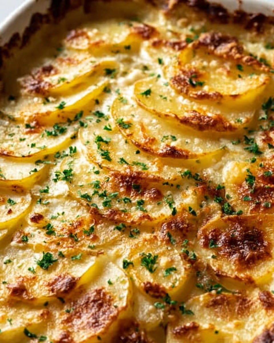 The dish shows multiple layers of thin, oval potato slices arranged in overlapping rows, filling the entire white plate. Each potato slice has a light golden-brown edge, with a creamy, baked texture and small bits of melted cheese on top. The surface is sprinkled with finely chopped green herbs evenly spread over the top, adding a fresh touch. The potatoes have a slight gloss from the sauce, and the pattern creates a gentle wave effect across the dish. The background is a white marbled texture. Photo taken with an iphone --ar 4:5 --v 7