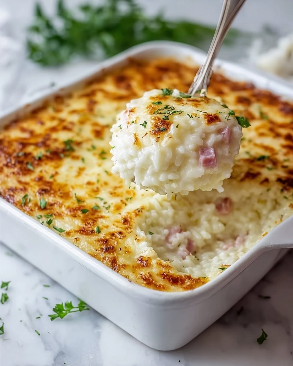A white rectangular baking dish filled with a thick, creamy casserole that has a golden-brown, bubbly cheese crust on top, sprinkled with fresh green herbs. A silver spoon lifts a portion showing a rich, pale yellow creamy layer with small chunks of pink ham mixed in, underneath the browned cheese layer. The dish sits on a white marbled surface with a soft, blurred background. photo taken with an iphone --ar 4:5 --v 7