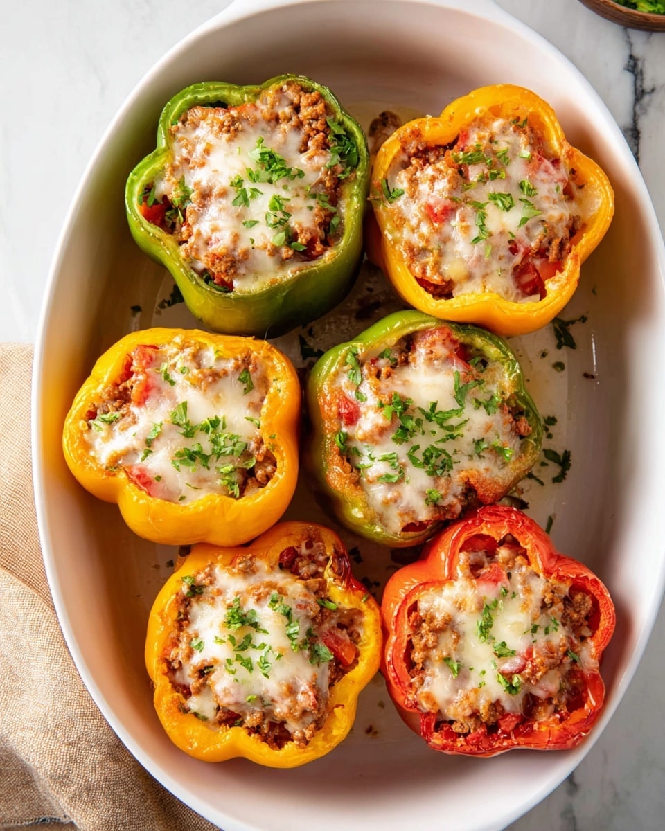 Six stuffed bell peppers arranged in a white oval baking dish on a white marbled surface, each cut open at the top showing three visible layers: the thick, brightly colored outer pepper shell in green, orange, red, and yellow; inside, a chunky mixture of cooked ground meat, rice, and diced tomatoes in light brown and red tones; topped with a melted layer of creamy white cheese sprinkled with finely chopped green parsley. The peppers are close together, filling the dish with some cheese slightly melted down the sides. A beige cloth is placed beside the dish and a few parsley leaves are scattered around. Photo taken with an iphone --ar 4:5 --v 7