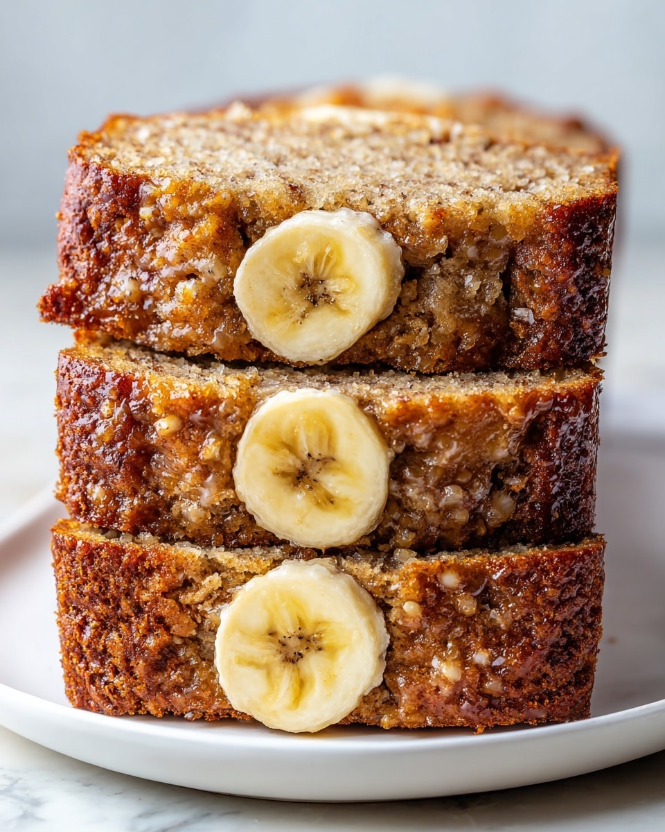 This image shows a close-up of three thick slices of banana bread stacked closely on a white plate. Each slice has a moist and slightly crumbly texture with a golden-brown crust. On the top of each slice, there is a thin round slice of banana that is light yellow with some brown specks. The inside layer of the bread is light beige with some darker swirls, likely cinnamon or another seasoning, spread unevenly through the middle. The bread's surface is rough and slightly glossy from what looks like melted butter or glaze. The photo is taken on a white marbled surface. photo taken with an iphone --ar 4:5 --v 7