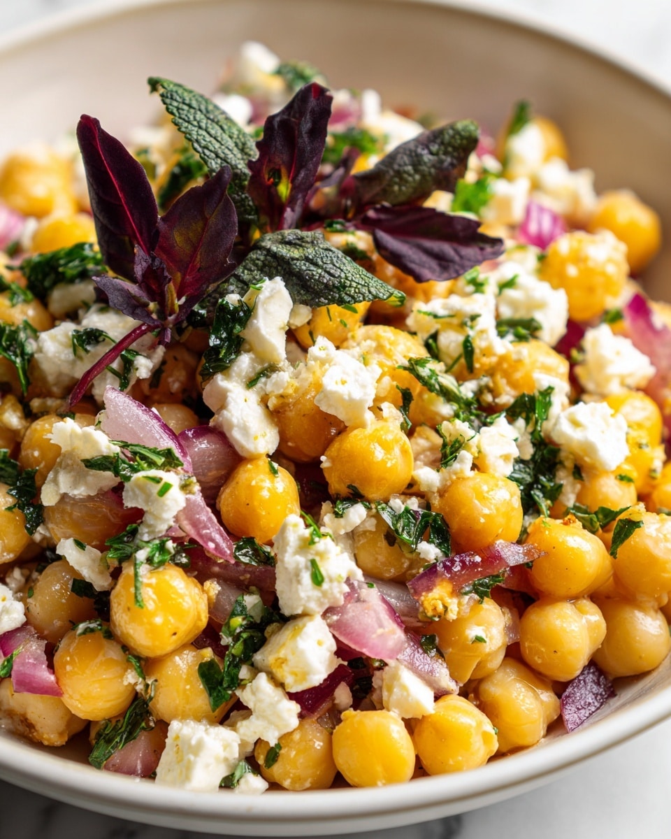 A white bowl filled with a chickpea salad featuring three main layers: the base layer of round, light beige chickpeas, the middle layer of soft, dark purple olives and thinly sliced red onion pieces, and the top layer sprinkled with white crumbled cheese and chopped green herbs. The textures range from smooth chickpeas to slightly glossy olives and soft onions, with the cheese and herbs adding a crumbly and leafy touch. The bowl rests on a white marbled surface. photo taken with an iphone --ar 4:5 --v 7