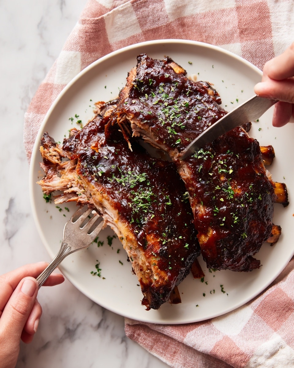 A white square plate holds a stack of dark brown, glazed ribs covered in rich barbecue sauce with a shiny texture and green herbs sprinkled on top. The ribs have visible bones and tender, shredded meat being pulled apart with a fork and a woman's hand holding a smaller fork. The plate sits on a white marbled surface with a soft pink and white checkered cloth beneath. The overall look is warm and inviting, showing the juicy, slow-cooked meat with a glossy sauce photo taken with an iphone --ar 4:5 --v 7