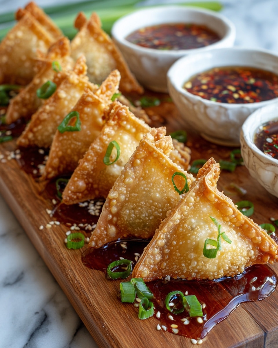A close-up image shows a row of golden brown, crispy fried wontons arranged in a neat line on a wooden board. Each wonton is triangular with bubbly, textured edges and is topped with chopped green onions and sesame seeds, adding a fresh green and white contrast. A glossy, dark reddish-brown sauce is drizzled over the wontons, making them look shiny and appetizing. In the background, two small white bowls filled with a reddish dipping sauce with visible chili flakes sit on the board. The scene is set on a white marbled surface, enhancing the colors of the food. photo taken with an iphone --ar 4:5 --v 7