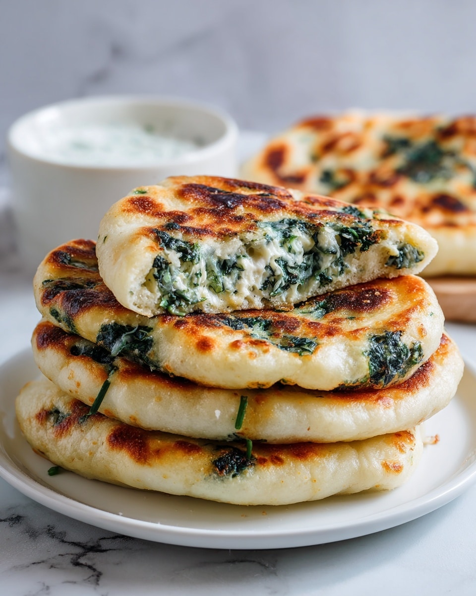 Three thick, round flatbreads stacked on a white plate, each flatbread showing a golden-brown crust with scattered dark green leafy vegetable pieces embedded throughout the dough. The top flatbread is slightly lifted, showing its fluffy, soft texture and evenly baked surface with crispy edges. The background features a white marbled texture. photo taken with an iphone --ar 4:5 --v 7