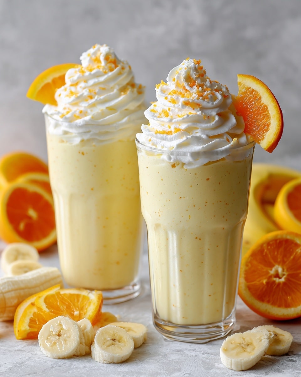 The image shows two clear glasses filled with a creamy, pale yellow smoothie that has small bits visible inside, giving it a slightly chunky texture. Each glass is topped with a thick swirl of white whipped cream sprinkled with small orange zest pieces. Around the glasses, there are slices of bright orange and some pieces of banana arranged on a white marbled surface. In the background, a woman's hand is near one of the glasses. The scene looks fresh and bright, with natural light highlighting the colors. photo taken with an iphone --ar 4:5 --v 7