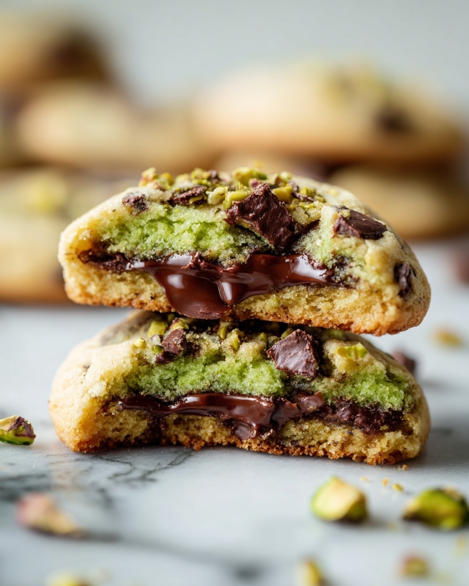 A close-up of a stack of two cookies on a white marbled surface, each cookie having three layers: the outer layer is a soft, light golden brown cookie dough dotted with dark brown chocolate chunks and bright green pistachio pieces; inside, a middle layer of smooth, vivid green pistachio cream and a bottom layer of rich, melted dark chocolate that oozes slightly, visible in the broken parts of the cookies. The edges of the cookies are slightly crisp, and in the background, more whole cookies rest softly blurred. photo taken with an iphone --ar 4:5 --v 7