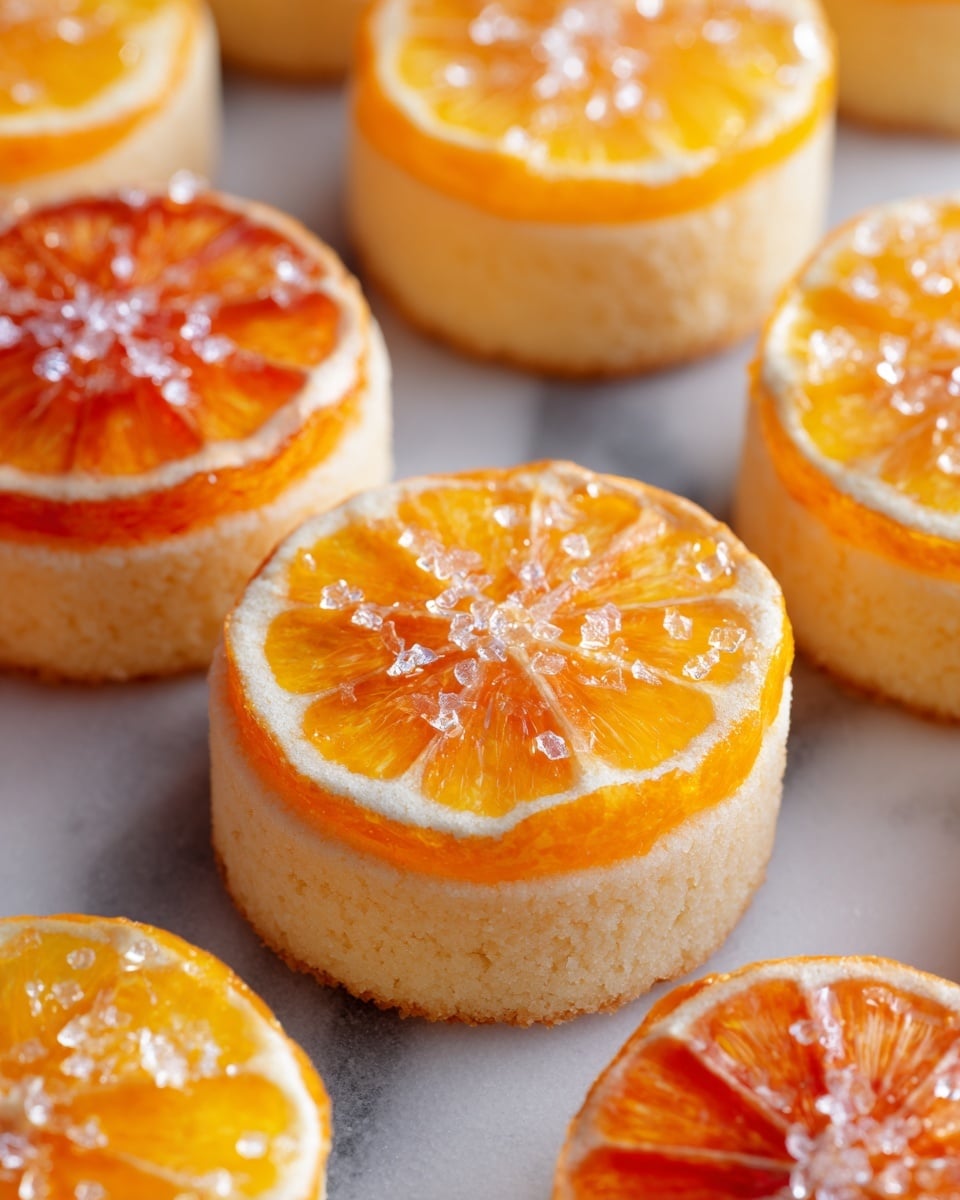 The image shows several round lemon cookies placed closely together on a white marbled surface. Each cookie has two layers: the bottom layer is a soft yellow color with a slightly crumbly texture, and the top layer is shaped like a thin slice of lemon with detailed segments and a shiny glaze that reflects light, making it look realistic and juicy. There are small sugar crystals sprinkled across the top, adding a sparkling effect. The cookies are stacked slightly in some parts, showing the thickness of the bottom layer, and the soft edges of the cookie bottom contrast with the smooth, glossy lemon slice on top. photo taken with an iphone --ar 4:5 --v 7