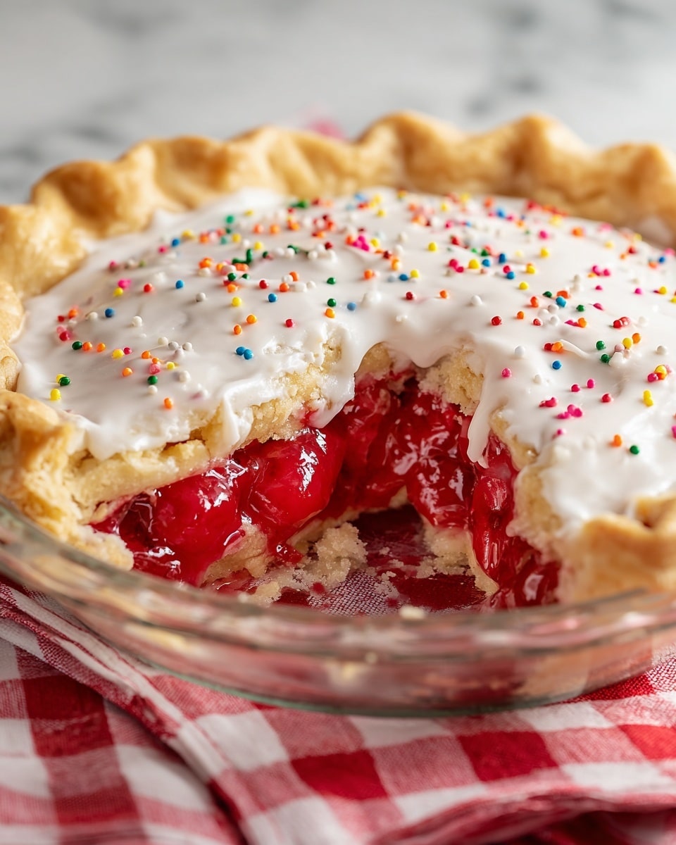 A close-up image of a pie cut to show three layers: a crispy golden-brown crust on the outside edge, a thick, glossy red fruit filling in the middle with visible chunks, and a smooth white icing layer on top decorated with colorful round sprinkles scattered across the surface. The pie has a crimped crust edge and is in a clear glass pie dish resting on a white marbled surface with a red checkered cloth partly visible underneath. Some crumbs are scattered near the pie. Photo taken with an iphone --ar 4:5 --v 7