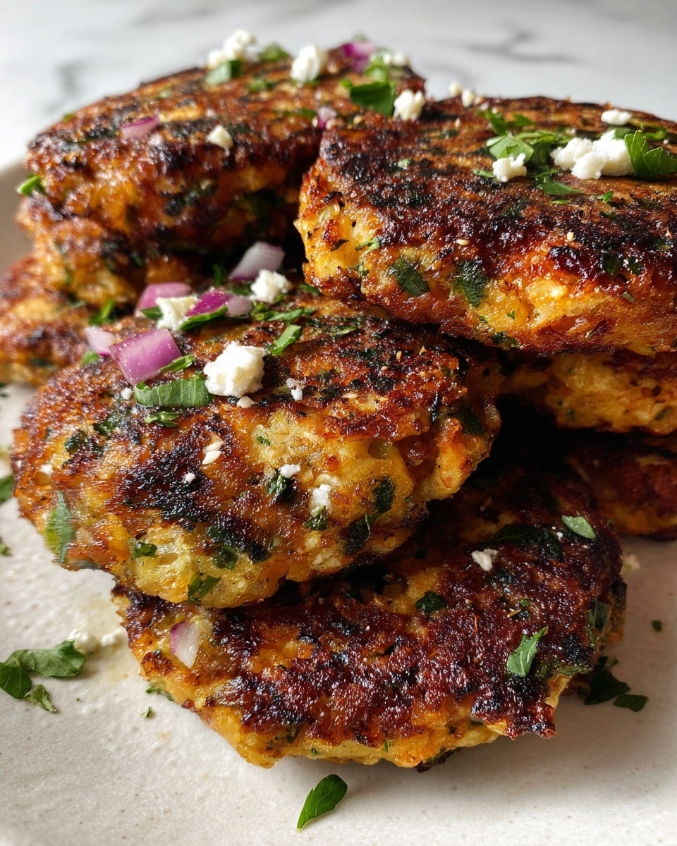 The image shows a close-up of several golden brown patties stacked loosely on a white plate, sitting on a white marbled surface. Each patty is thick and round with a crispy, slightly charred outer layer mixed with visible green herbs and small pieces of red onion. Crumbled white cheese is scattered generously on top and between the patties, adding a bit of contrast to the warm tones. The texture of the patties looks moist and chunky with flecks of fresh herbs throughout. photo taken with an iphone --ar 4:5 --v 7