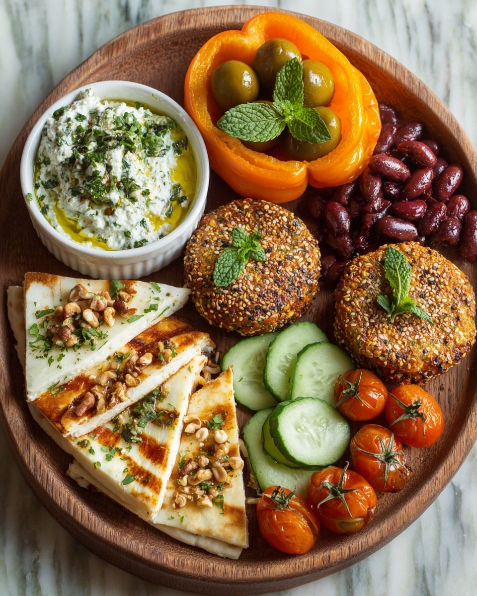 A round wooden platter holds a colorful variety of food items arranged in sections. At the top left, a white bowl filled with creamy white dip sprinkled with green herbs sits next to a pile of green olives garnished with fresh mint leaves. To the right, there is a half orange bell pepper stuffed with cooked beans. Below that, two golden brown patties topped with herbs rest beside three triangular pieces of flatbread topped with nuts and mint leaves. In the center, a white bowl contains smooth, pale yellow hummus drizzled with olive oil and sprinkled with sesame seeds and herbs. The bottom half of the platter features several slices of grilled halloumi cheese, small bright red cherry tomatoes still on the vine, and thick slices of fresh green cucumber. The entire arrangement sits on a white marbled surface. Photo taken with an iphone --ar 4:5 --v 7