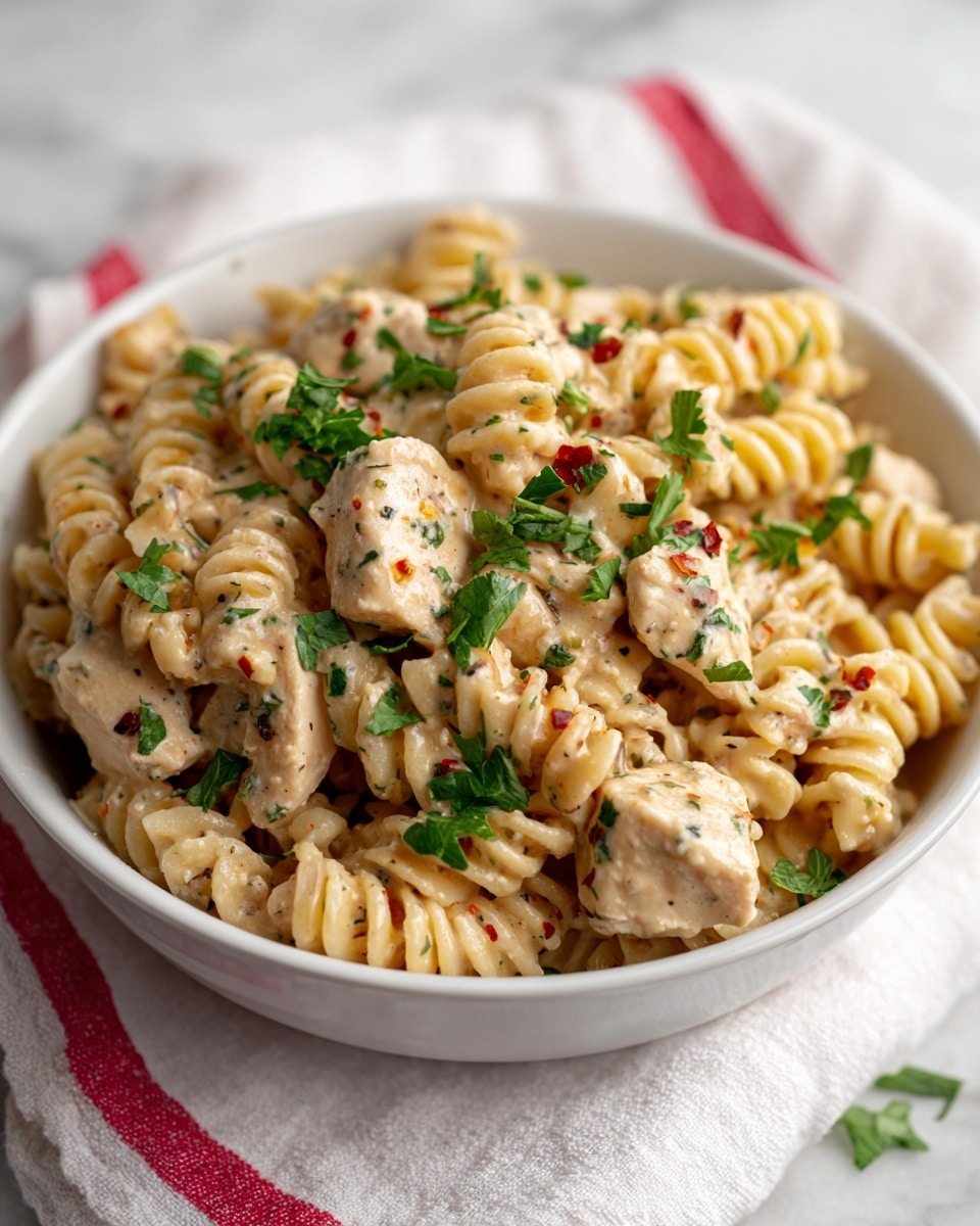 A white bowl filled with rotini pasta coated in a creamy light beige sauce, mixed with small pieces of cooked chicken that are pale with some herbs visible, garnished with bright green parsley leaves scattered on top. The bowl sits on a white cloth with a red stripe, all placed on a white marbled surface. photo taken with an iphone --ar 4:5 --v 7