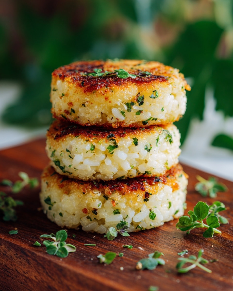 The image shows three golden brown rice patties stacked slightly overlapping on a dark wooden surface with a few small green herb leaves sprinkled on top for garnish. Each patty is thick and round with a crispy textured top, toasted to a bright golden color mixed with lighter creamy tones from the cooked rice grains. The sides reveal tightly packed white rice with a few small bits of green herbs inside. The background is softly blurred green foliage, adding a fresh contrast to the warm colors of the patties, all set on a white marbled textured surface. photo taken with an iphone --ar 4:5 --v 7