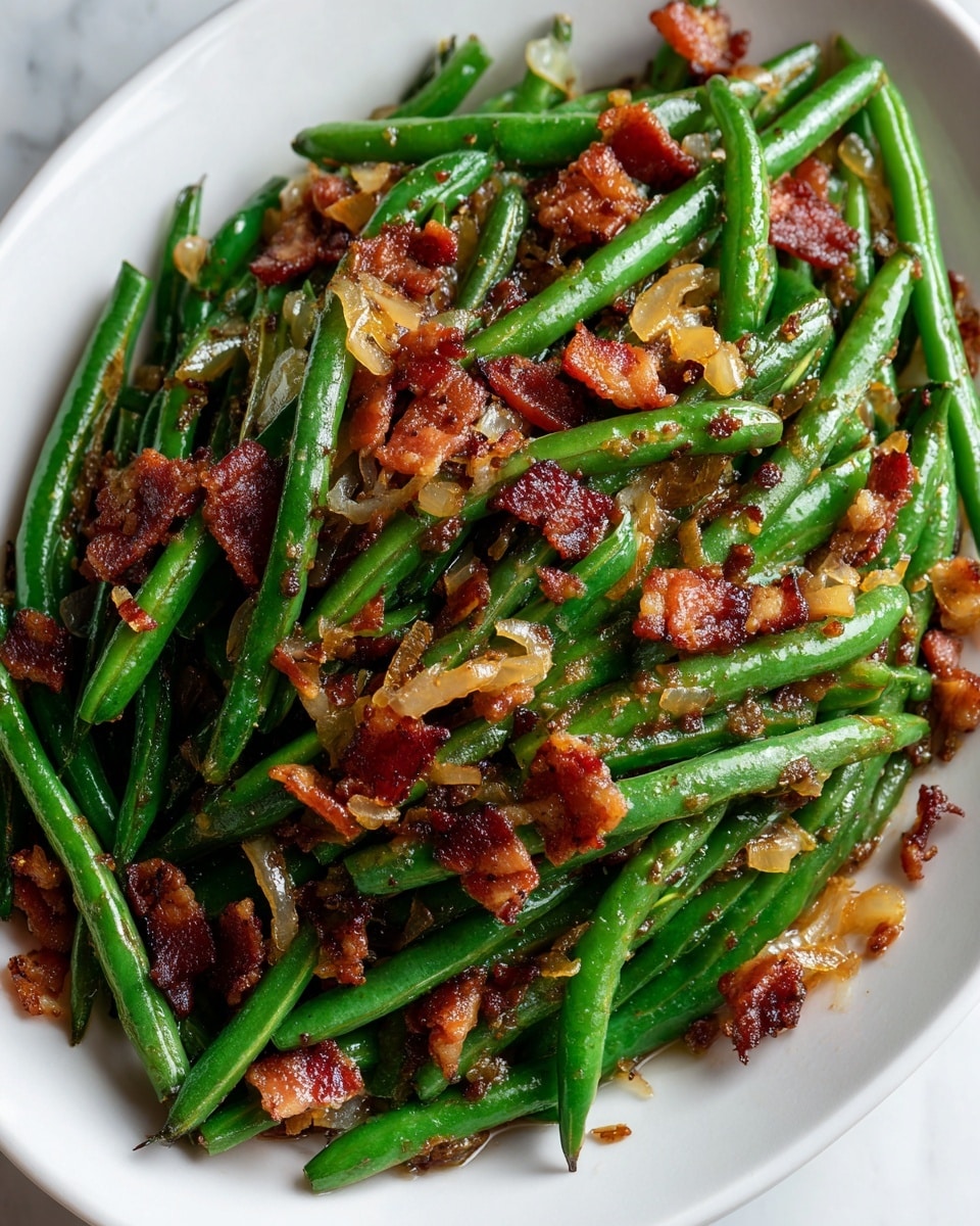The dish shows a close-up of green beans cooked with pieces of crispy reddish-brown bacon and small bits of golden caramelized onions mixed throughout. The beans are bright green and shiny, coated with a light glaze that makes them look fresh and tender. The bacon pieces are scattered on top and between the beans, giving a mix of colors and textures—crispy edges and softer centers. The whole dish sits on a white plate against a white marbled background. photo taken with an iphone --ar 4:5 --v 7