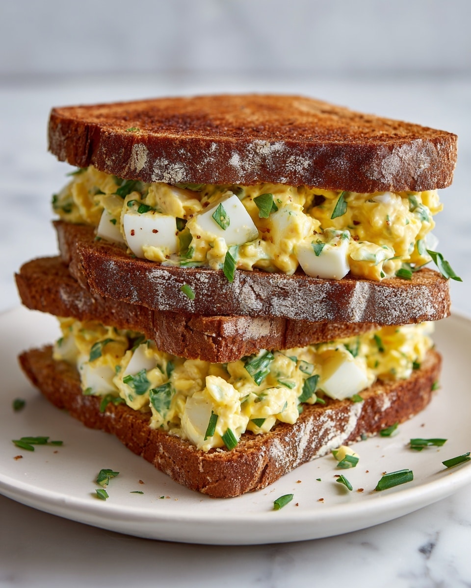 A close-up of a sandwich with two thick slices of toasted brown bread, crunchy on the outside. Inside, there is a creamy layer of light yellow egg salad mixed with small white chunks of boiled egg and green herbs scattered throughout. Some chopped herbs are also on the white marbled surface around the sandwich, adding freshness to the scene. photo taken with an iphone --ar 4:5 --v 7