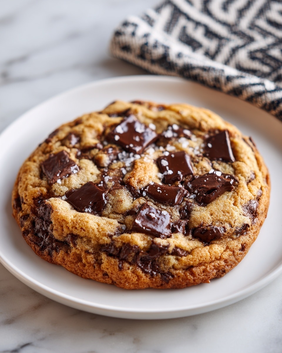 A single golden brown chocolate chip cookie sits on a white plate, showing a soft and slightly puffy texture with visible cracks and folds. The cookie's top layer is dotted with glossy, dark chocolate chips of varying sizes, some melting into the warm dough, and sprinkled lightly with coarse sea salt crystals. The edges are slightly darker and crisp, giving a chewy contrast to the tender center. The plate rests on a black and white checkered cloth, all placed on a white marbled surface. Photo taken with an iphone --ar 4:5 --v 7