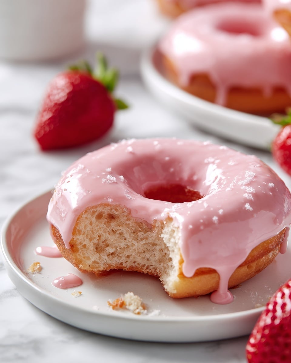 A close-up of a small donut with pink glaze on top, showing a bite taken out of it that reveals a soft, light pink inside. The donut has a slightly golden brown bottom layer and is placed on a white plate. Two fresh red strawberries with green leaves are in the blurred background on a white marbled surface. Photo taken with an iphone --ar 4:5 --v 7
