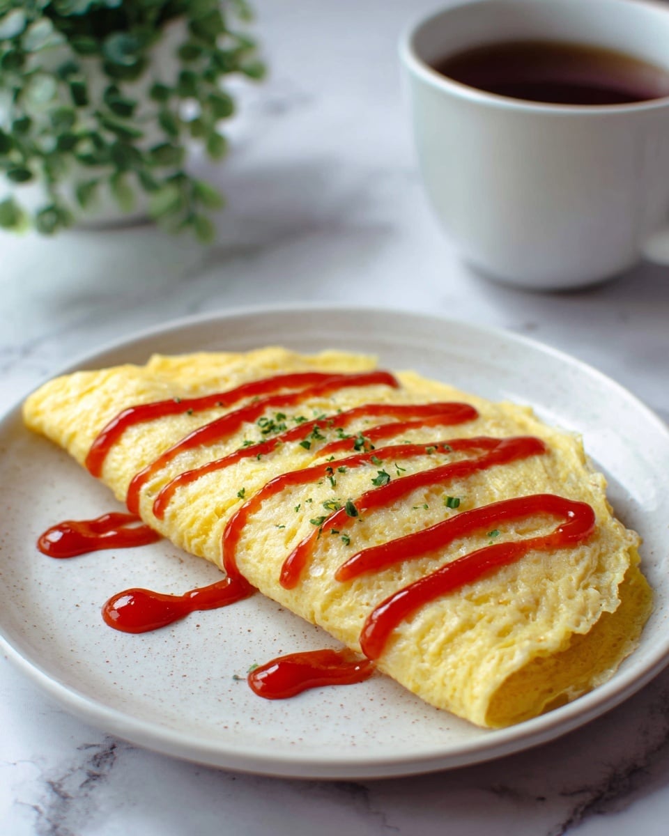 A fluffy yellow omelette folded into a neat half-moon shape sits on a white plate, with thin lines of red ketchup drizzled evenly across the top in parallel rows. The omelette has a soft texture with some visible folds and a slight sheen from the cooking. There is a small green herb garnish placed on one side of the plate. The plate rests on a white marbled surface, and a blurred cup of tea and green leafy garnish are faintly visible in the background. Photo taken with an iphone --ar 4:5 --v 7