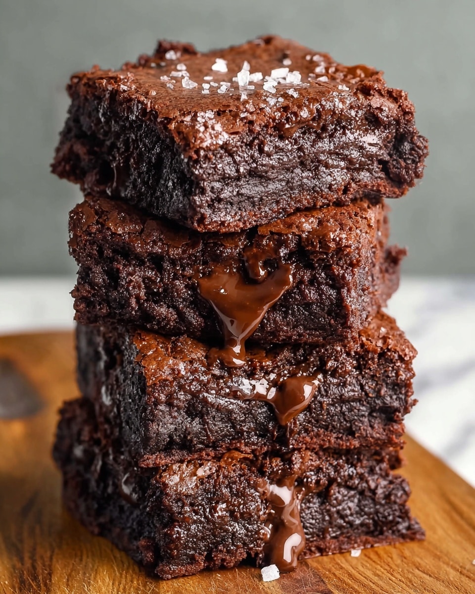 A tall stack of four thick, square-shaped brownies is shown, each layer rich dark brown with a fudgy, moist texture. The top brownie layer is slightly cracked with a shiny, melted chocolate glaze dripping down the sides. Some layers show crumbly edges and gooey chocolate oozing visibly between them. The stack stands on a wooden cutting board placed on a white marbled surface, with a soft, neutral background behind. Photo taken with an iphone --ar 4:5 --v 7